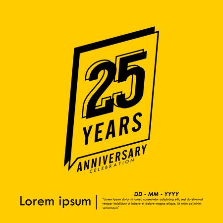 25th years anniversary celebration emblem. congratulations anniversary black logo isolated with speech ribbon badge on yellow background. vector illustration templateのイラスト素材