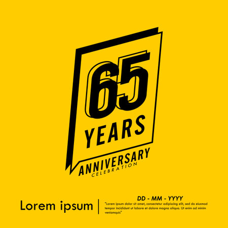 65th years anniversary celebration emblem. congratulations anniversary black logo isolated with speech ribbon badge on yellow background. vector illustration templateのイラスト素材