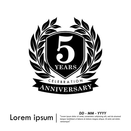 5th years anniversary celebration emblem. congratulations anniversary black logo isolated with laurel wreath and ribbon and frame.のイラスト素材