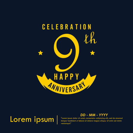 9th years anniversary celebration emblem. happy anniversary yellow logo isolated with ribbon on dark background. vector illustration template design for web bannerのイラスト素材