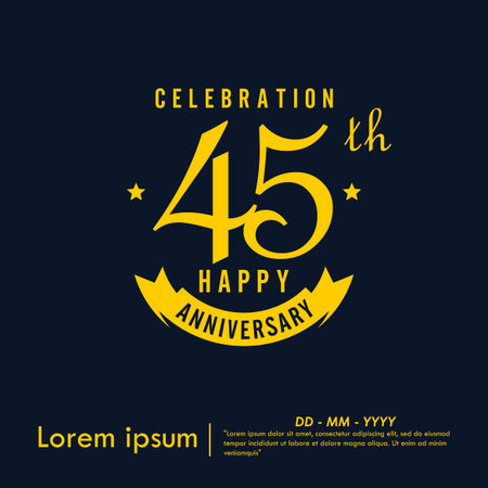 45th years anniversary celebration emblem. happy anniversary yellow logo isolated with ribbon on dark background. vector illustration template design for web bannerのイラスト素材