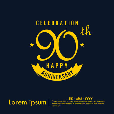 90th years anniversary celebration emblem. happy anniversary yellow logo isolated with ribbon on dark background. vector illustration template design for web bannerのイラスト素材