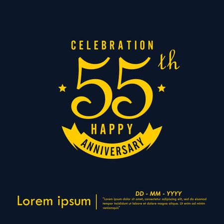 55th years anniversary celebration emblem. happy anniversary yellow logo isolated with ribbon on dark background. vector illustration template design for web bannerのイラスト素材