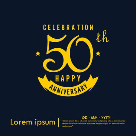 50th years anniversary celebration emblem. happy anniversary yellow logo isolated with ribbon on dark background. vector illustration template design for web bannerのイラスト素材