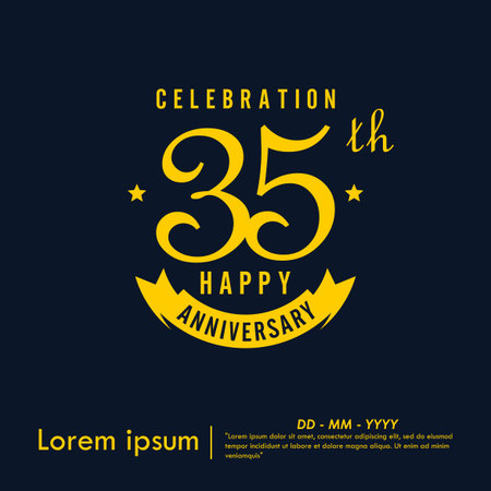 35th years anniversary celebration emblem. happy anniversary yellow logo isolated with ribbon on dark background. vector illustration template design for web bannerのイラスト素材
