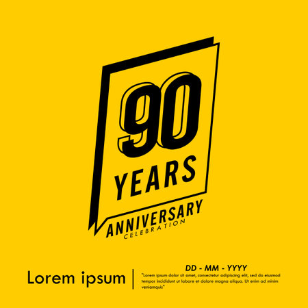 90th years anniversary celebration emblem. congratulations anniversary black logo isolated with speech ribbon badge on yellow background. vector illustration templateのイラスト素材