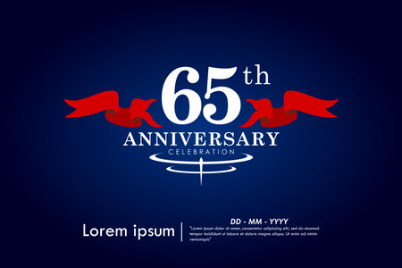 65th years anniversary celebration emblem. congratulations elegant anniversary logo isolated with red ribbon on dark blue background.のイラスト素材