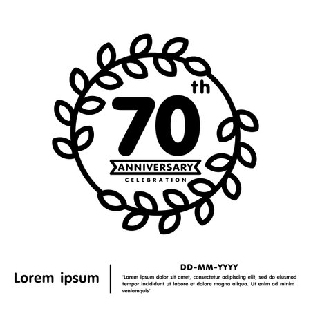 70th years anniversary celebration emblem. congratulations anniversary logo isolated with laurel wreath and ribbon on white background. vector illustration template design for webのイラスト素材