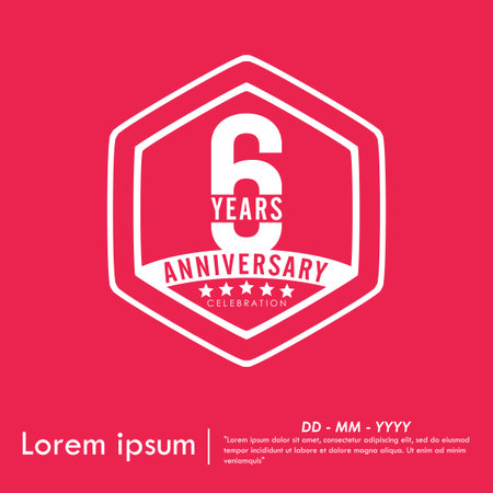 6th years anniversary celebration emblem. white anniversary logo badge hexagon frame on pink backgroundのイラスト素材