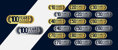 Set of 10-100th years elegant anniversary celebration emblem. gold and silver anniversary logo badge isolated with laurel wreathのイラスト素材