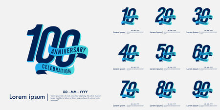 Set of 10-100th years anniversary celebration emblem. elegant anniversary logo isolated with blue ribbon on white background. vector illustration template design for web bannerのイラスト素材