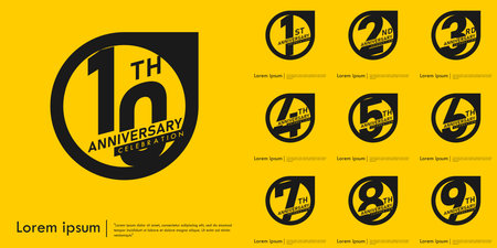 Set of 1st-10th years anniversary celebration emblem. congratulation anniversary logo badge on yellow background. vector illustration template design for web bannerのイラスト素材