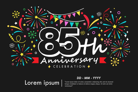 85th years anniversary celebration emblem with colorful fireworks, stars, bunting flag and ribbon on black background. vector illustration template design for web bannerのイラスト素材