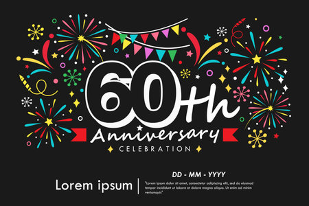 60th years anniversary celebration emblem with colorful fireworks, stars, bunting flag and ribbon on black background. vector illustration template design for web bannerのイラスト素材
