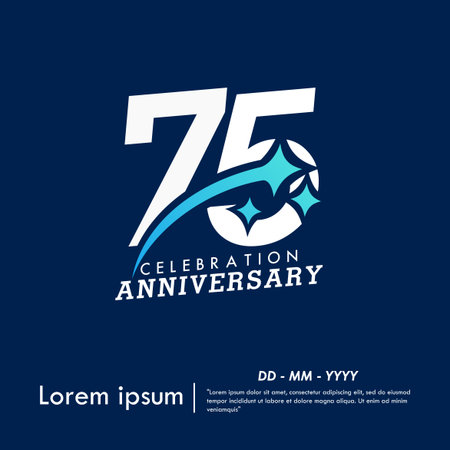 75th years anniversary celebration emblem. anniversary logo with sparkle stars on blue background
