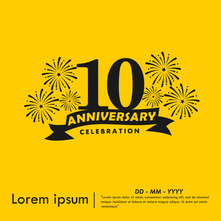 10th years anniversary celebration emblem. anniversary logo isolated with ribbon and fireworks, sparkler on yellow background. vector illustration template design for webのイラスト素材