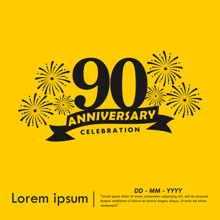 90th years anniversary celebration emblem. anniversary logo isolated with ribbon and fireworks, sparkler on yellow background. vector illustration template design for webのイラスト素材