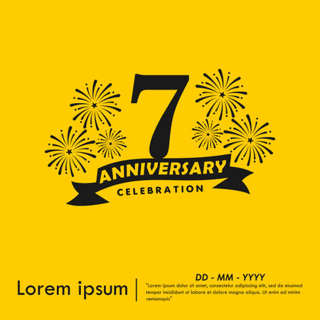 7th years anniversary celebration emblem. anniversary logo isolated with ribbon and fireworks, sparkler on yellow background. vector illustration template design for webのイラスト素材