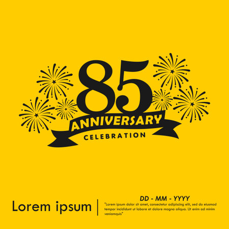 85th years anniversary celebration emblem. anniversary logo isolated with ribbon and fireworks, sparkler on yellow background. vector illustration template design for webのイラスト素材