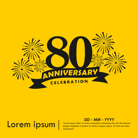80th years anniversary celebration emblem. anniversary logo isolated with ribbon and fireworks, sparkler on yellow background. vector illustration template design for webのイラスト素材