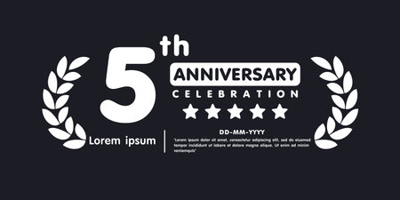 5th years anniversary celebration emblem. white anniversary award logo isolated with laurel wreath on black background. vector illustration template design for web banner.のイラスト素材