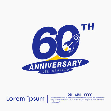 60th years blue anniversary celebration emblem with rocket up to target on white background. vector illustration template design for web, flyers, poster, greeting cardのイラスト素材