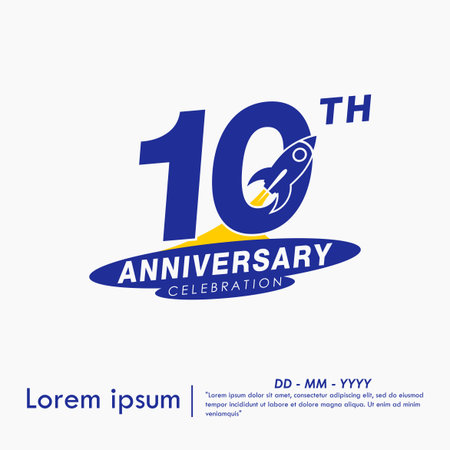 10th years blue anniversary celebration emblem with rocket up to target on white background. vector illustration template design for web, flyers, poster, greeting cardのイラスト素材