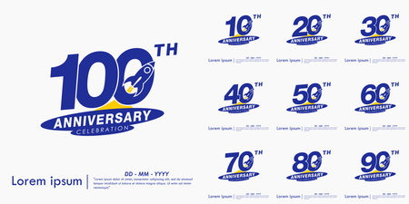 Set of 1-10th years blue anniversary celebration emblem with rocket up to target on white background. vector illustration template design for web, flyers, poster, greeting cardのイラスト素材