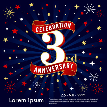3rd years elegant anniversary celebration logo with red ribbons, gold stars on starburst dark blue background. vector illustration template design for webのイラスト素材