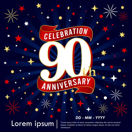 90th years elegant anniversary celebration logo with red ribbons, gold stars on starburst dark blue background. vector illustration template design for webのイラスト素材