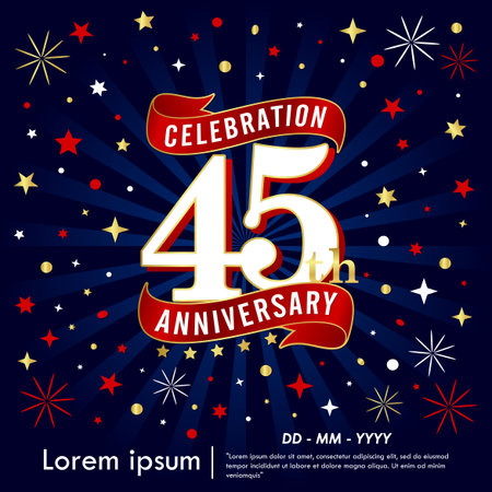 45th years elegant anniversary celebration logo with red ribbons, gold stars on starburst dark blue background. vector illustration template design for webのイラスト素材