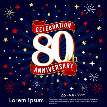 80th years elegant anniversary celebration logo with red ribbons, gold stars on starburst dark blue background. vector illustration template design for webのイラスト素材
