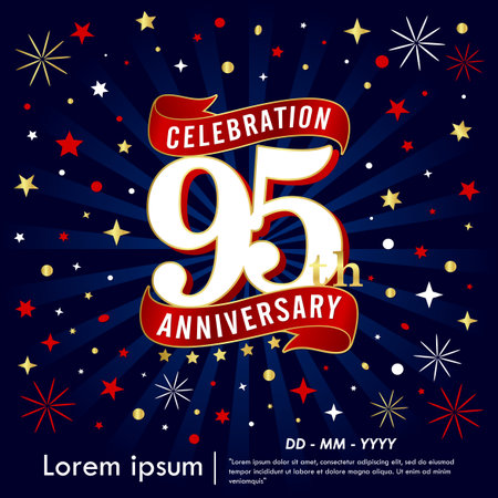 95th years elegant anniversary celebration logo with red ribbons, gold stars on starburst dark blue background. vector illustration template design for webのイラスト素材
