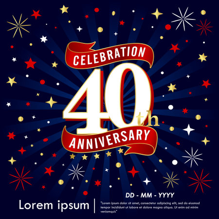40th years elegant anniversary celebration logo with red ribbons, gold stars on starburst dark blue background. vector illustration template design for webのイラスト素材