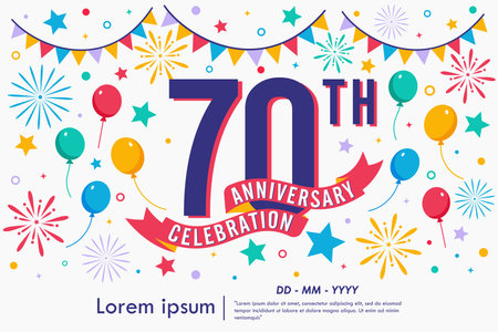70th years anniversary celebration emblem logo isolated with balloons, bunting flag, ribbon, fireworks and stars. vector illustration template design for webのイラスト素材