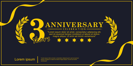 3rd years anniversary celebration emblem. yellow anniversary award logo isolated with laurel wreath and ribbon on black background.のイラスト素材