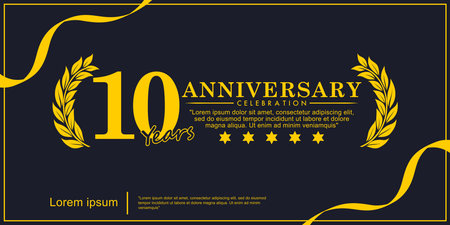 10th years anniversary celebration emblem. yellow anniversary award logo isolated with laurel wreath and ribbon on black background.のイラスト素材