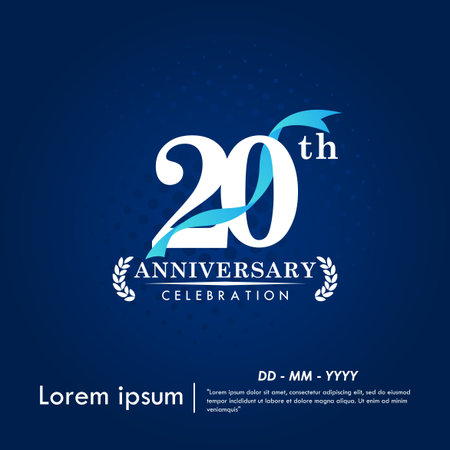 20th years elegant anniversary award logo with laurel wreath and blue ribbon on dark blue background. vector illustration template design for web, flyers, poster, greeting cardのイラスト素材