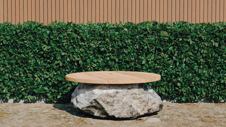 Wood podium on a rock with a green hedge in background, 3d renderの写真素材