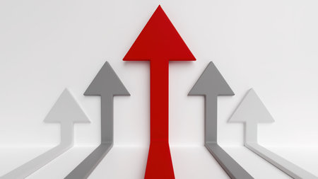 Red arrow winning and pointing up, gray arrows loosing behind, arrow race on a white background...