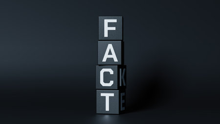 Vertically stacked white letter, black cubes spelling fact and fake at the same time, dark background, fake news, deceit, 3d renderの写真素材