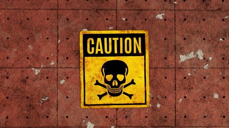 Caution skull and bones yellow metal sign on an old red concrete pealing wall, 3d renderの写真素材