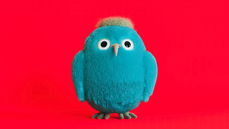 Blue fluffy bird mascot, surprised furry creature on a red background, 3d renderの写真素材