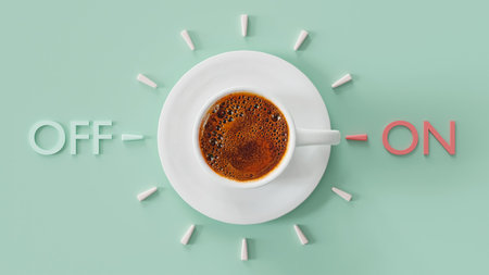 Coffee cup time clock pointing to on mode, morning, time to wake up, 3d renderの写真素材