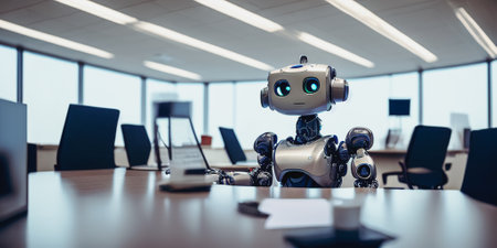 A cute robot sitting behind a table, job interview with futuristic cyborg, Generative AIの素材