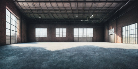 Empty warehouse with large widows, Generative AIの素材