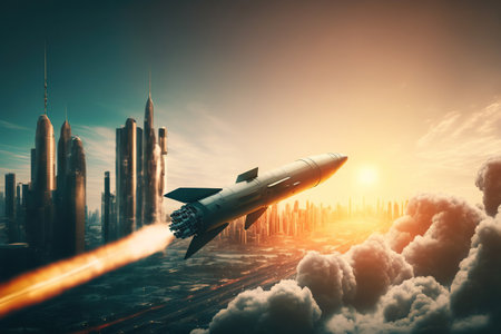 A rocket flying above a modern city, ballistic missile , generative aiの素材