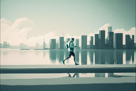A man jogging near the water, cityscape in background, generative AIの素材