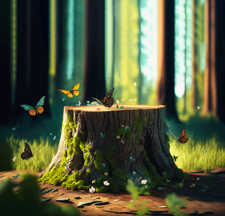 A tree stump in a forest with butterflies, product display, Generative AIの素材