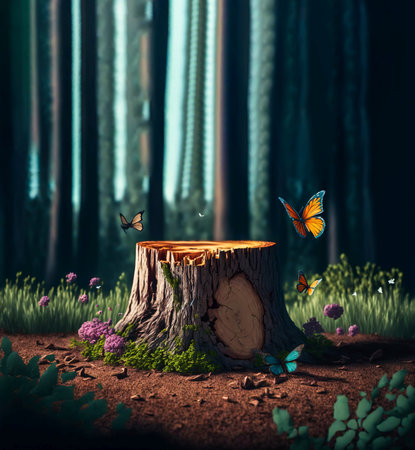A tree stump in a forest with butterflies, product podium, Generative AIの素材